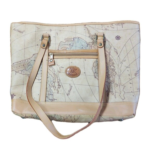 Allan Edward Leather World Map Begie Tote Bag Unique Map Design Shoulder Bag - Picture 9 of 16